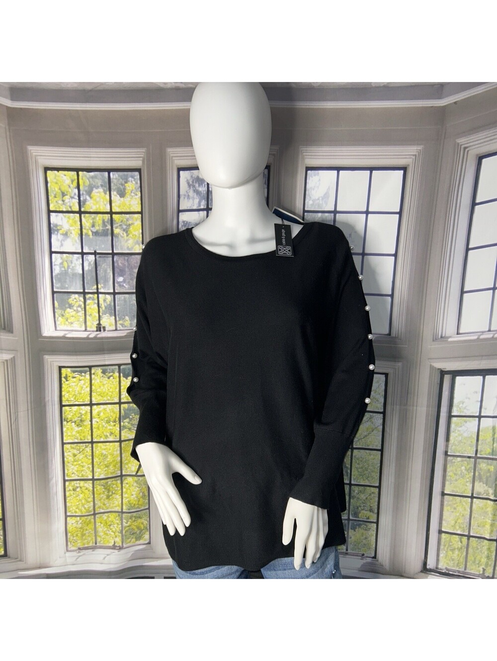 Cable & Gauge Black Sweater XL Pearl Sleeve Detail Lightweight Knit NWT
